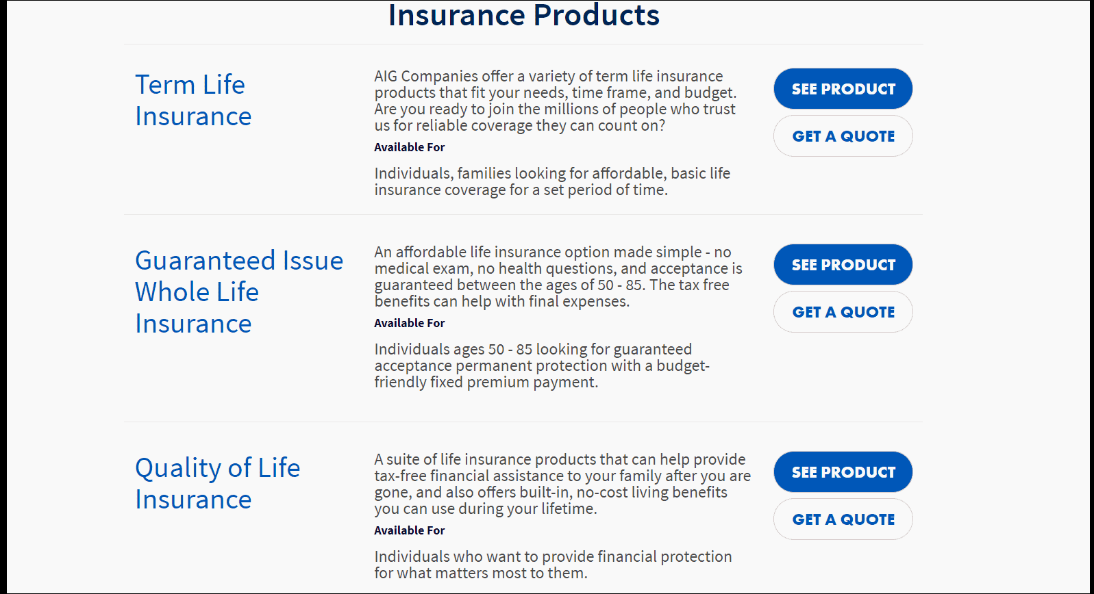 AIG Life Insurance Products