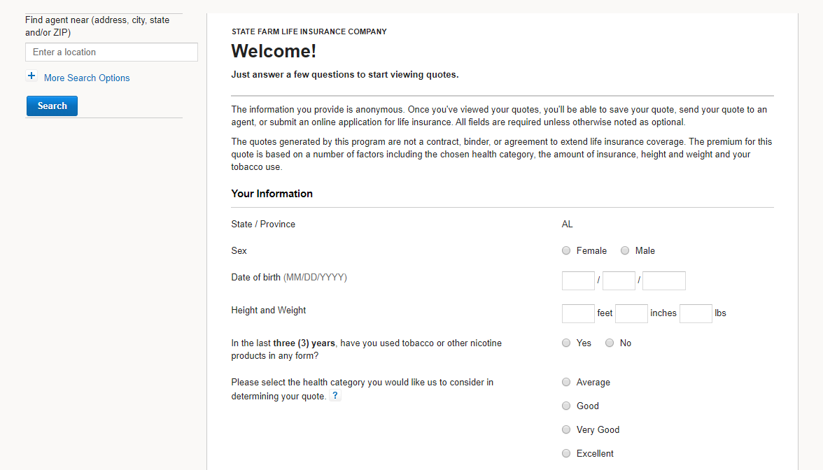 State Farm life insurance Website Quote Welcome Page